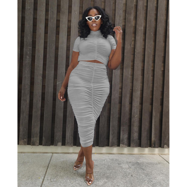 Women's summer candy color high elastic pleated tube top long skirt suit W8221-1