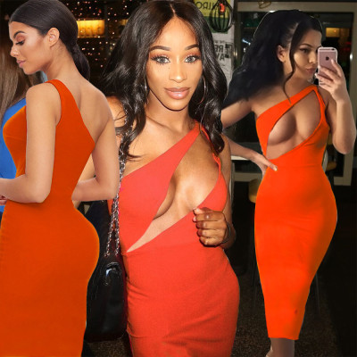Slanted shoulder sexy hollow dress Q722