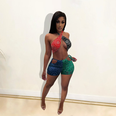 Tube top shorts set popular print sexy lace-up swimsuit W8210-1