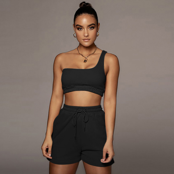 Solid color vest sports suit oblique shoulder two-piece suit D88118