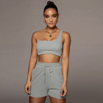 Solid color vest sports suit oblique shoulder two-piece suit D88118