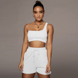 Solid color vest sports suit oblique shoulder two-piece suit D88118