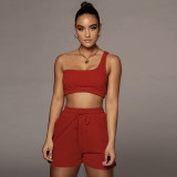Solid color vest sports suit oblique shoulder two-piece suit D88118