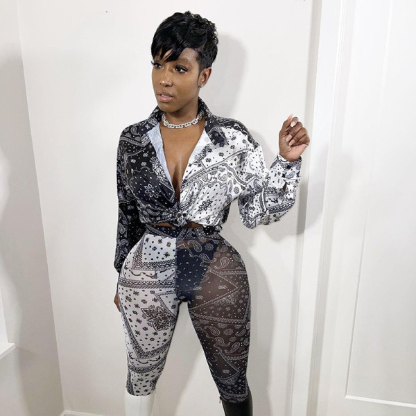 Fashion women's summer new printed casual shirt hollow tight mesh trousers suit R21ST210