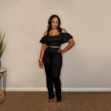 Fashion casual suit leaky shoulder U-neck flared pants YM199 