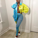 Fashion women's summer new printed casual shirt hollow tight mesh trousers suit R21ST210