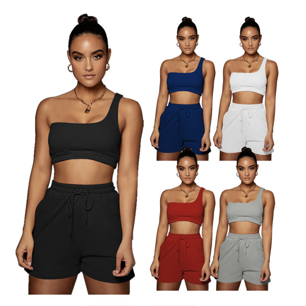 Solid color vest sports suit oblique shoulder two-piece suit D88118