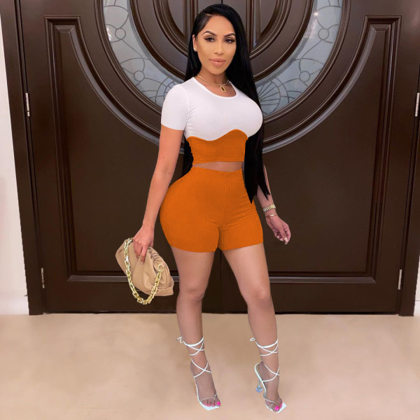 Women's pit strip elastic slim fit suit contrast stitching short-sleeved shorts two-piece suit W8205-1