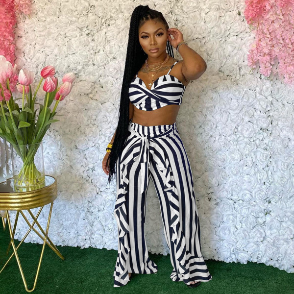 Loose trousers, two-piece suit with wooden ears, striped printing, belt included YM201