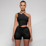 Women's summer new solid color irregular halterneck vest high waist slim shorts suit K21ST309