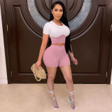 Women's pit strip elastic slim fit suit contrast stitching short-sleeved shorts two-piece suit W8205-1