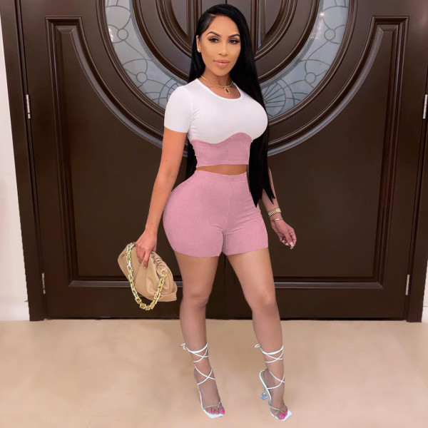 Women's pit strip elastic slim fit suit contrast stitching short-sleeved shorts two-piece suit W8205-1