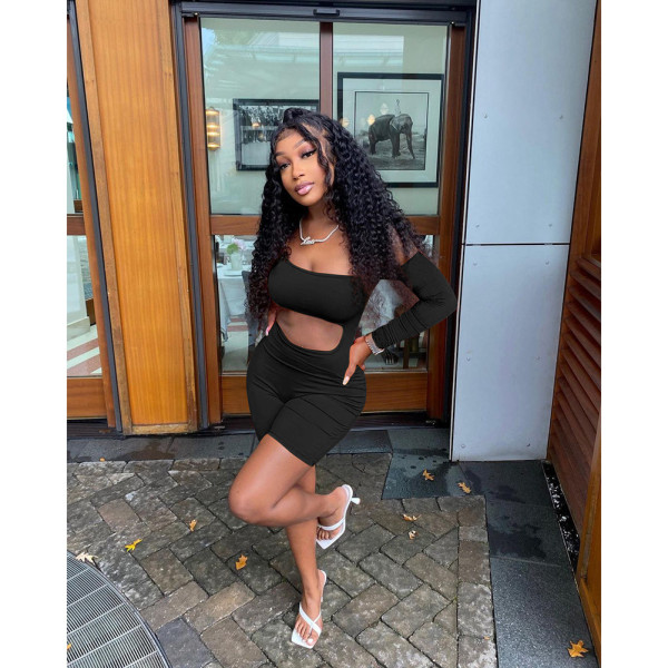 Off-the-shoulder solid color jumpsuit long-sleeved halter jumpsuit D88119