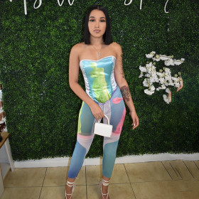 Women's summer new style tie-dye sleeveless tie-wrapped chest hollow slim fit trousers set K21ST213