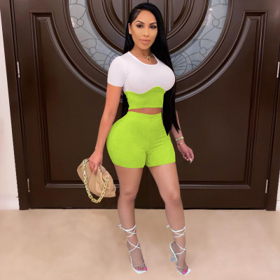 Women's pit strip elastic slim fit suit contrast stitching short-sleeved shorts two-piece suit W8205-1