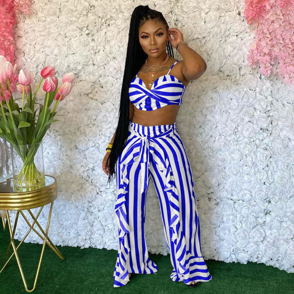 Loose trousers, two-piece suit with wooden ears, striped printing, belt included YM201