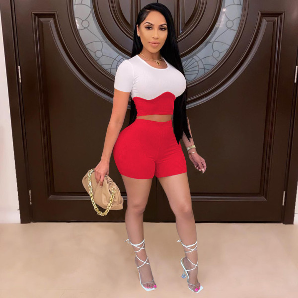 Women's pit strip elastic slim fit suit contrast stitching short-sleeved shorts two-piece suit W8205-1