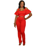 Fashion casual suit leaky shoulder U-neck flared pants YM199 