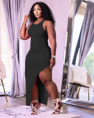 Fashion split open back solid color vest dress Y10008