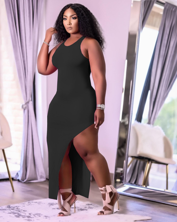 Fashion split open back solid color vest dress Y10008