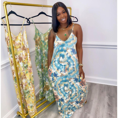 Fashion sexy tie-dye print suspender dress H3709