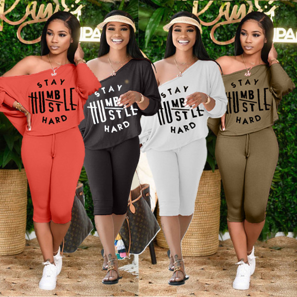 Ladies Fashion Letter Printed Casual Two-Piece Shoulder Shorts H3668