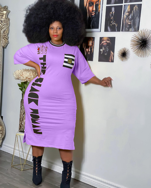 Fashion round neck letter printing split large size dress Y10007