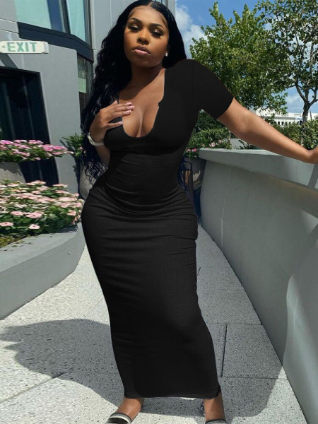 Fashionable Deep V Neck Sexy Dress Long Skirt H3718