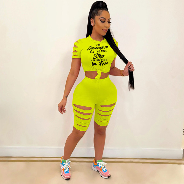 Fashion trendy casual letter printing sports burnt two-piece set H3715