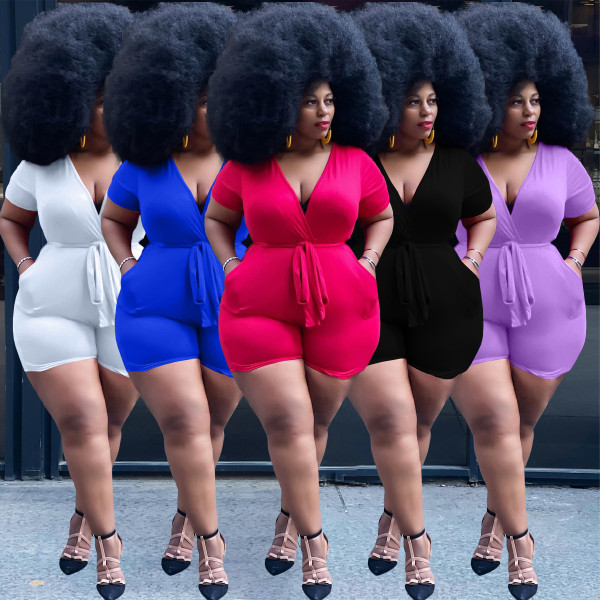 Sexy solid color belt deep V jumpsuit Y10006