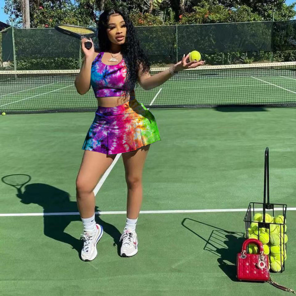 Fashion casual sexy tie-dye nightclub style slim-fit sports vest culottes two-piece suit H3708