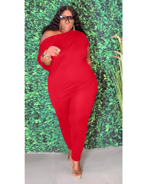 Plus size women's fashion oblique shoulder casual solid color sports suit Y10015