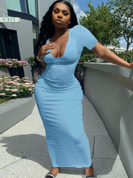 Fashionable Deep V Neck Sexy Dress Long Skirt H3718