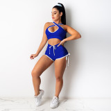 Sleeveless sexy two-piece solid color vest shorts sports two-piece suit D88114