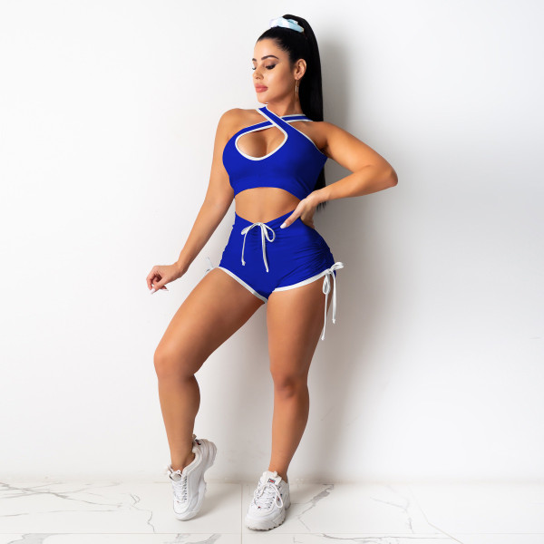Sleeveless sexy two-piece solid color vest shorts sports two-piece suit D88114