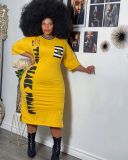 Fashion round neck letter printing split large size dress Y10007