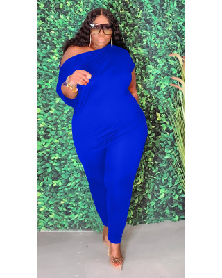 Plus size women's fashion oblique shoulder casual solid color sports suit Y10015