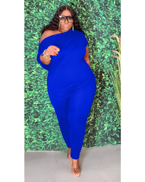 Plus size women's fashion oblique shoulder casual solid color sports suit Y10015