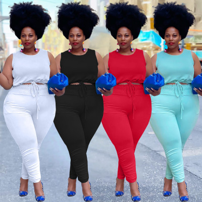 Vest solid color leisure sports plus size two-piece suit Y10013