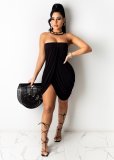 Women's solid color sexy wrap chest slit dress L200