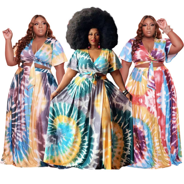 Plus size women's printed fashion casual two-piece suit Q77216