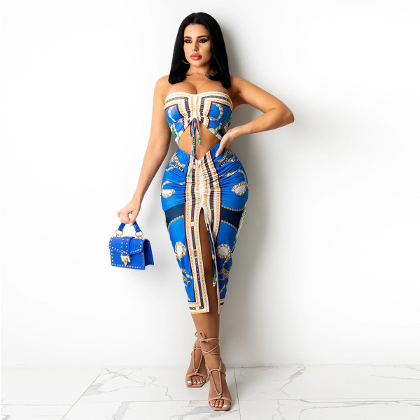 Two-piece fashion women's casual printed skirt suit Q77228