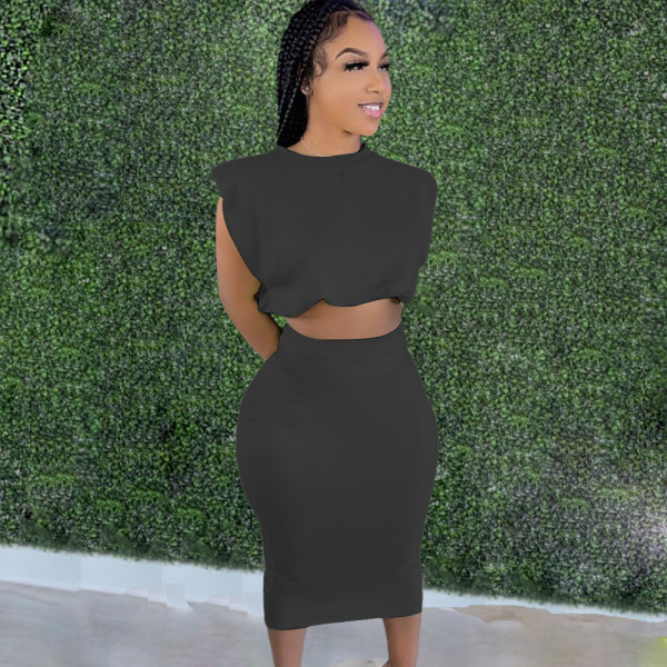 Women's solid color round neck cute sexy skirt two-piece suit TC086