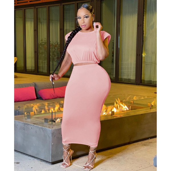 Women's solid color round neck cute sexy skirt two-piece suit TC086
