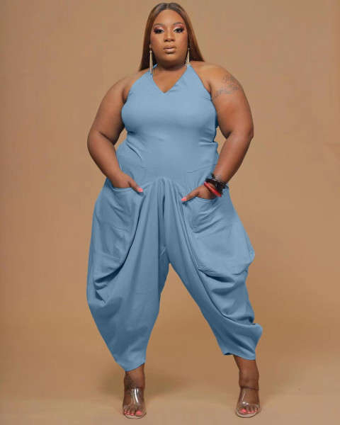 Fashion women's plus size 5XL solid color sling harem jumpsuit Q7167