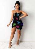 pink printed chest wrap pleated dress L235