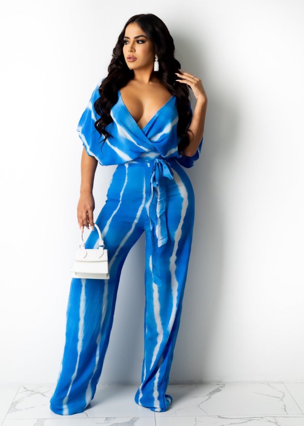 Ladies Tie Dye Loose V-Neck Wide Leg Pants Two-Piece Set L258