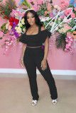 Cotton solid color leisure off-shoulder ruffle suit two-piece suit L230