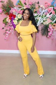 Cotton solid color leisure off-shoulder ruffle suit two-piece suit L230