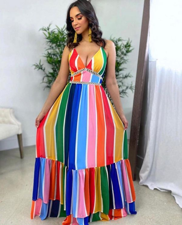 Fashion rainbow stripe print suspender dress YD8502